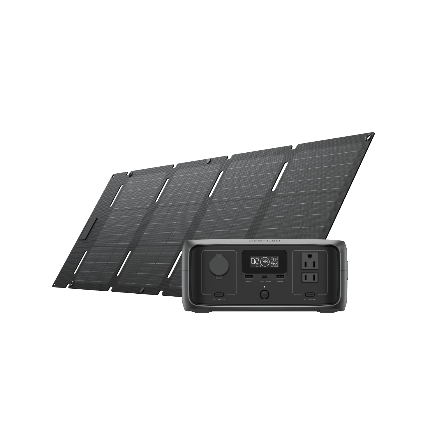 An EcoFlow portable solar panel stands behind a compact power station, creating a versatile energy solution. The front includes outlets, buttons, and a digital display for user-friendly operation. The unfolded panel has multiple sections for effective energy capture and quick charging.