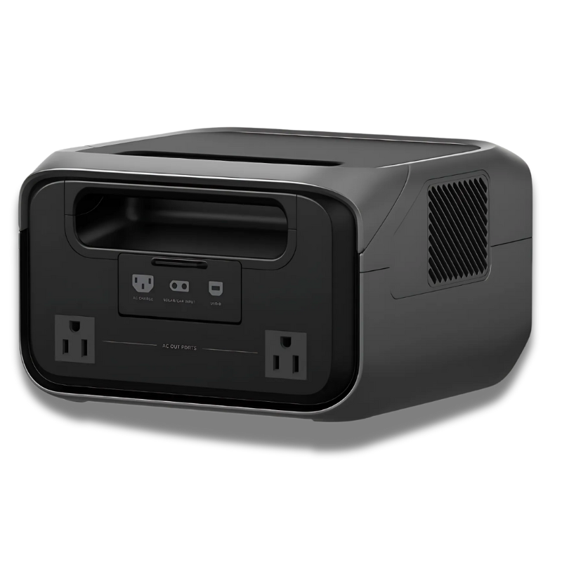 The black EcoFlow RIVER 3 Plus portable power station has a sleek, rectangular design with two AC outlets, side vents, and a recessed top handle, providing dependable backup during outages.