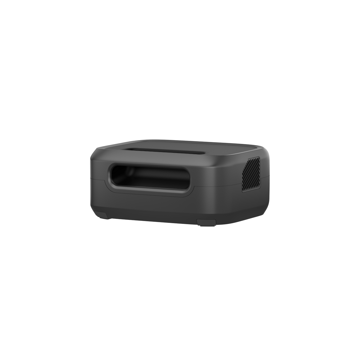 An EcoFlow black rectangular electronic device with vent openings on the side and front rests on a flat surface, featuring versatile outputs and fast charging capabilities in its compact design with smooth edges.