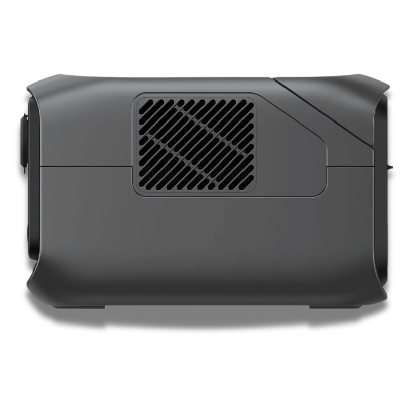 A sleek, rectangular black projector with a grid vent and curved edges resembles the EcoFlow RIVER 3 Plus. Its smooth matte surface includes a side vent, ensuring optimal performance, ready to serve as backup during power cuts.