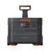 The Jackery portable solar generator features a pull handle, multiple power outlets, LCD display, orange accents, and a durable LiFePO4 battery, all shown against a white background.