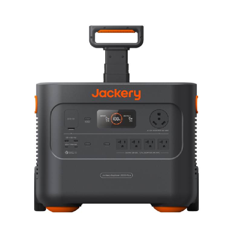 The Jackery portable solar generator features a pull handle, multiple power outlets, LCD display, orange accents, and a durable LiFePO4 battery, all shown against a white background.