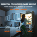 A person stands by an open fridge in a kitchen. Text highlights home backup with the Jackery solar generator, supporting devices up to 6000W—such as a welding machine (5800W), lawn mower (3000W), and air conditioner (1150W).