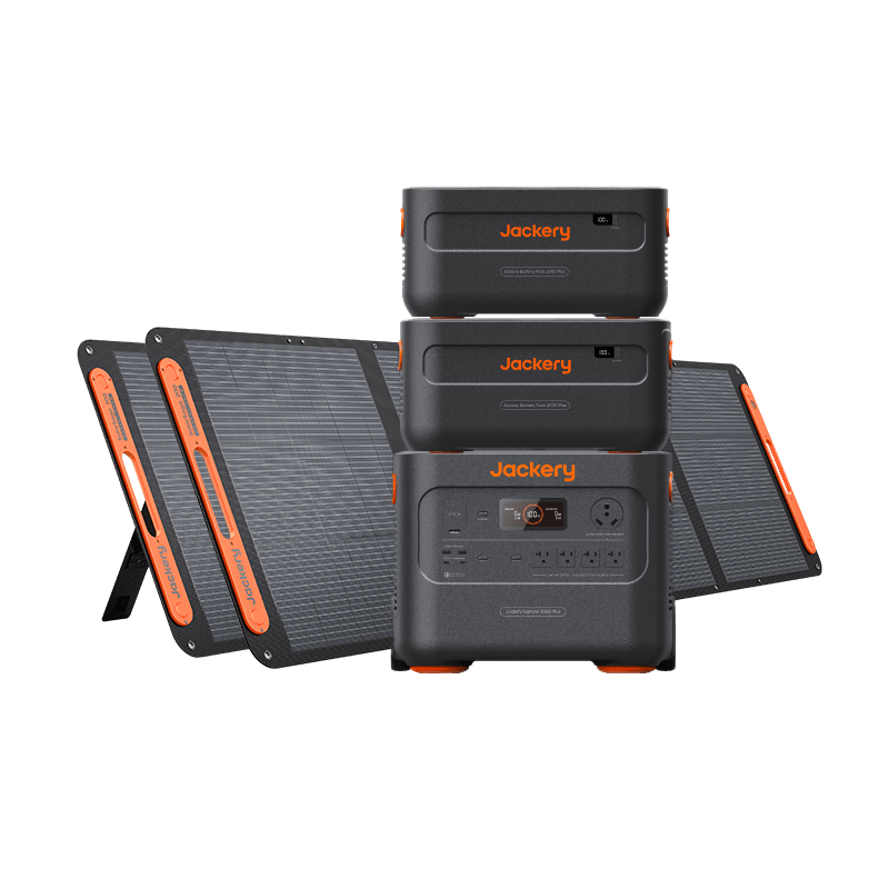 Three black and orange Jackery portable power stations with LiFePO4 batteries are stacked before two foldable solar panels, set against a plain white background—ideal as a reliable Jackery solar generator for your power needs.