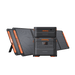 Two black and orange Jackery portable solar generators are placed in front of three foldable solar panels, displayed on a plain white background.