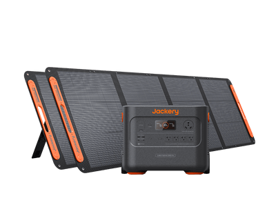 A portable Jackery solar generator with multiple input/output ports is displayed in front of three foldable solar panels, set against a plain white background.