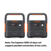Two Jackery Explorer 2000 v2 portable power stations are placed side by side on a white background. Text below notes that these Jackery LiFePO₄ generators do not support parallel connection of two units.