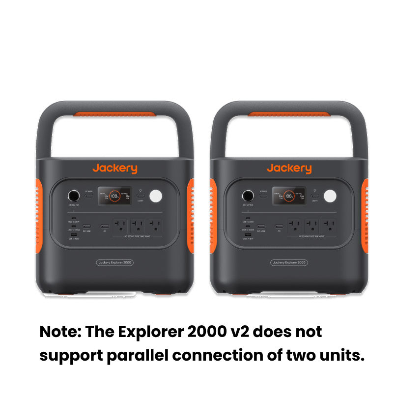 Two Jackery Explorer 2000 v2 portable power stations are placed side by side on a white background. Text below notes that these Jackery LiFePO₄ generators do not support parallel connection of two units.