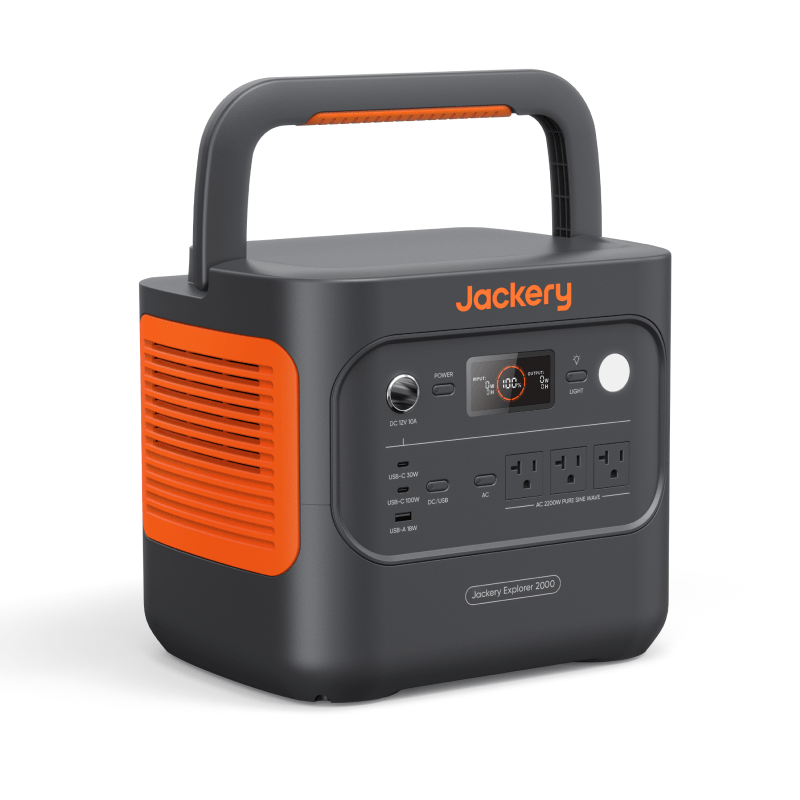 The Jackery Explorer 2000 is a portable black and orange LiFePO₄ generator with a handle, multiple outlets, and front-panel controls—perfect as a reliable home backup battery or portable power station.