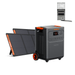 A Jackery portable power station with wheels and orange handles is shown next to two foldable solar panels, showcasing its role as a solar generator. A wall-mounted electrical circuit breaker panel appears in the background.