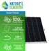 On the right is a Nature's Generator Power Panel with a 100W poly-crystalline solar panel, 3.2mm safety glass, 50ft UL cable, and adjustable summer/winter positions. The Nature's Generator logo is displayed at the top.