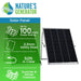 A Nature's Generator solar panel kit with a metal frame is shown next to a graphic highlighting its 100W monocrystalline panel, 3.2mm safety glass, 50ft UL cable, and adjustable summer & winter positions.