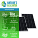 On the right are two black Nature's Generator Power Panels; on the left, features are listed: 100W monocrystalline solar panel, 3.2mm safety glass, 50ft UL cable, and adjustable for summer or winter positions.