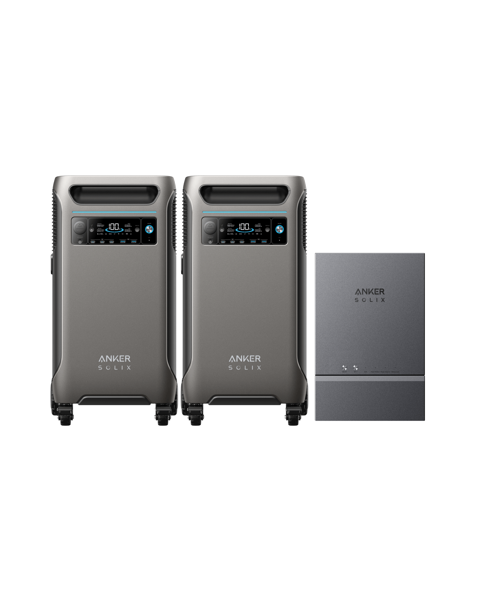 The image showcases two Anker Solix F3800 battery power stations in gray, each equipped with a digital display, accompanied by a rectangular Anker Solix inverter. These elements of the Smart Home Power Kit ensure dependable backup power, placed against an elegant black background.