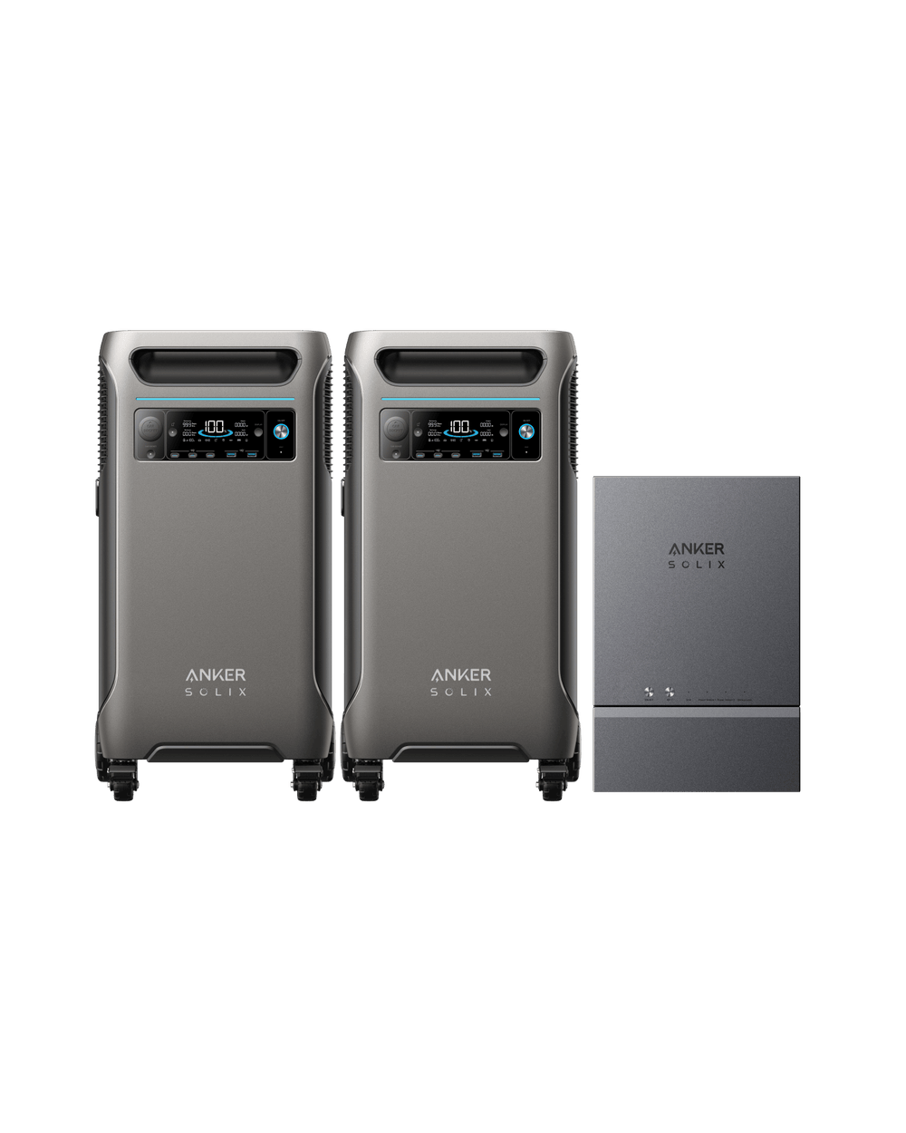The image showcases two Anker Solix F3800 battery power stations in gray, each equipped with a digital display, accompanied by a rectangular Anker Solix inverter. These elements of the Smart Home Power Kit ensure dependable backup power, placed against an elegant black background.