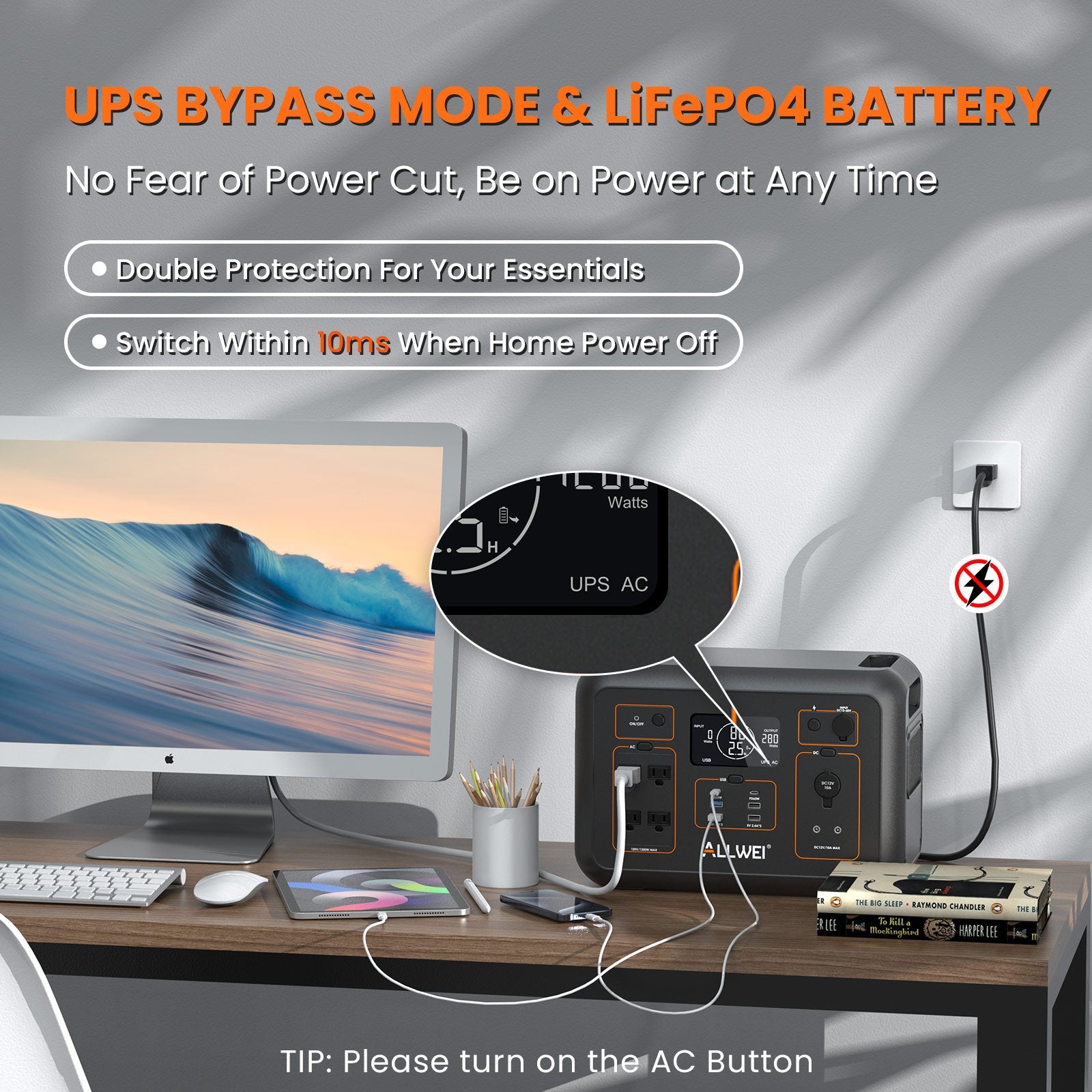 A home office setup with a computer and monitor is powered by the ALLWEI US 1008Wh LFP portable power station with built-in UPS. It features UPS bypass mode, LiFePO4 battery, double protection, 10ms fast switching, and a close-up of the UPS AC label.