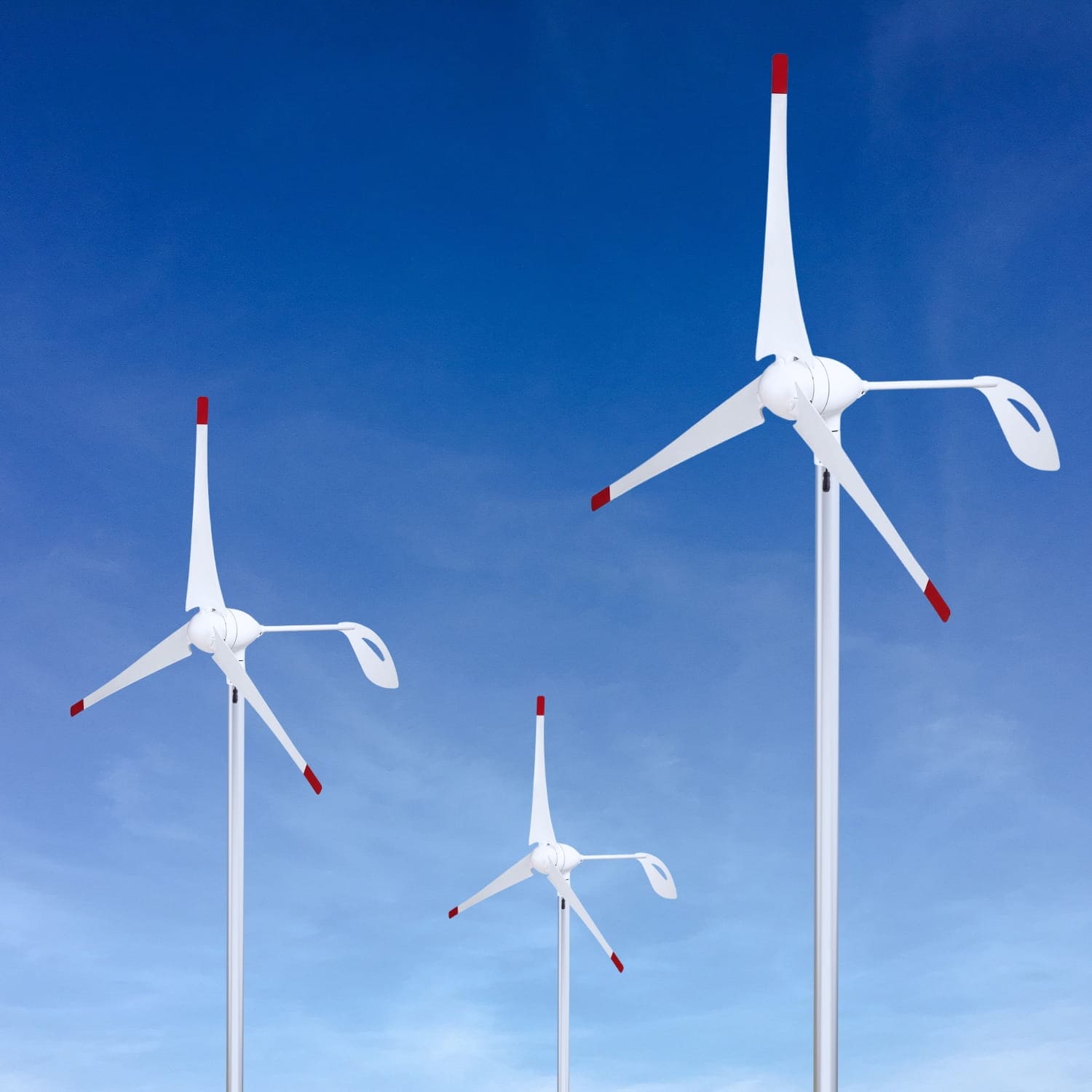 Three white wind turbines with red-tipped blades stand against a clear blue sky, showcasing Nature's Generator solar and wind generator—ideal for off-grid energy or dependable whole home power.