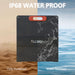 A black, rectangular ALLWEI US device appears with sand on the left and water on the right, showcasing its IP68 rating for full dust and water protection—perfect for pairing with your rugged 200W foldable solar panel. "IP68 WATER PROOF" is displayed at the top.
