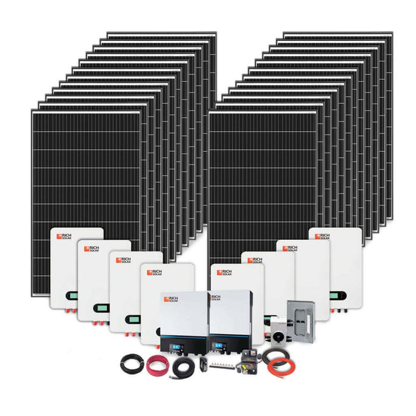 The RICH SOLAR large RV off-grid solar system kit includes multiple solar panels, inverters, wiring, electrical components, and accessories neatly arranged in groups on a white background.